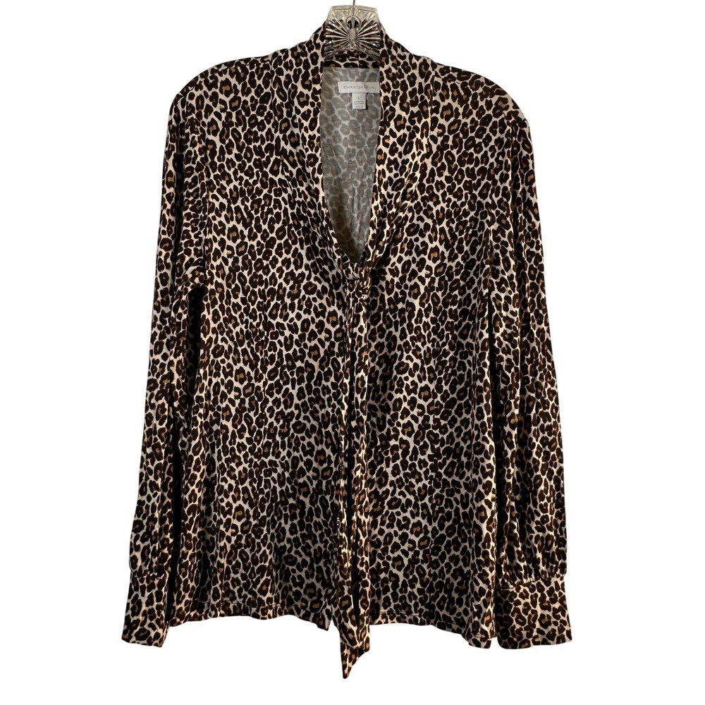 Charter Club Leopard Print Tie Neck Button Down Knit Top Warm Toffee Large NEW